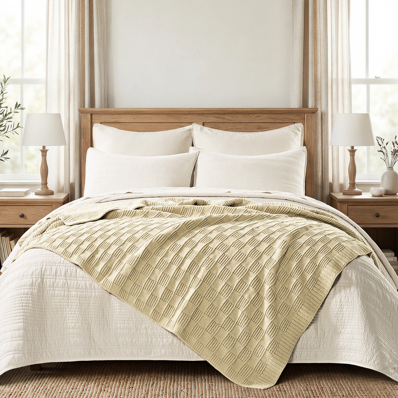 Checkered Weighted Knit Throw Blanket, 50" X 60", Beige