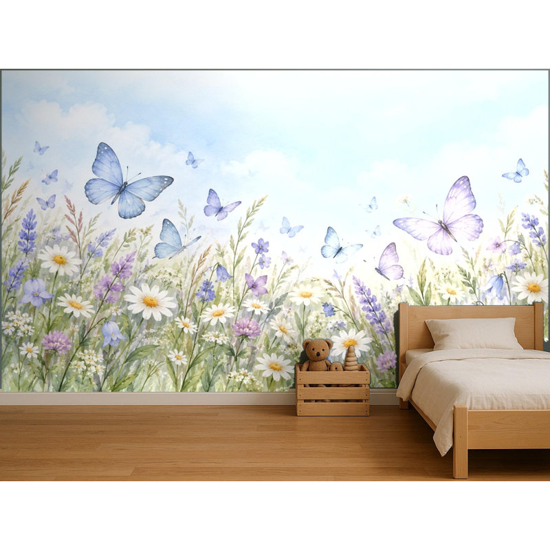 Blue Butterfly Garden Wallpaper Mural, Peel and Stick Kids Room Wall Mural, Watercolor Nursery Wallpaper Made to Measure