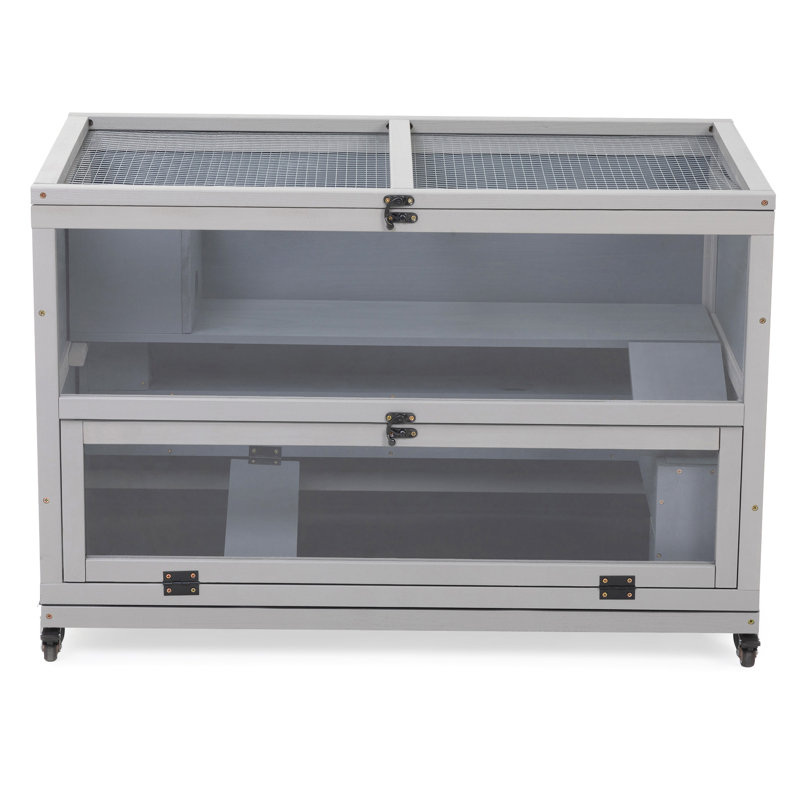 Cage en bois pour hamster et cage à gerbilles avec tunnels, plateau amovible, roulettes, plateau et avant ouverts, cage à petits animaux pour souris et rat, gris