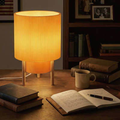 10'' Dimmable 2-tier Yellow Pleated Fabric Shade Table with Natural Rubber Wood Base and E12 Lamp Holder for Bedroom or Study Room