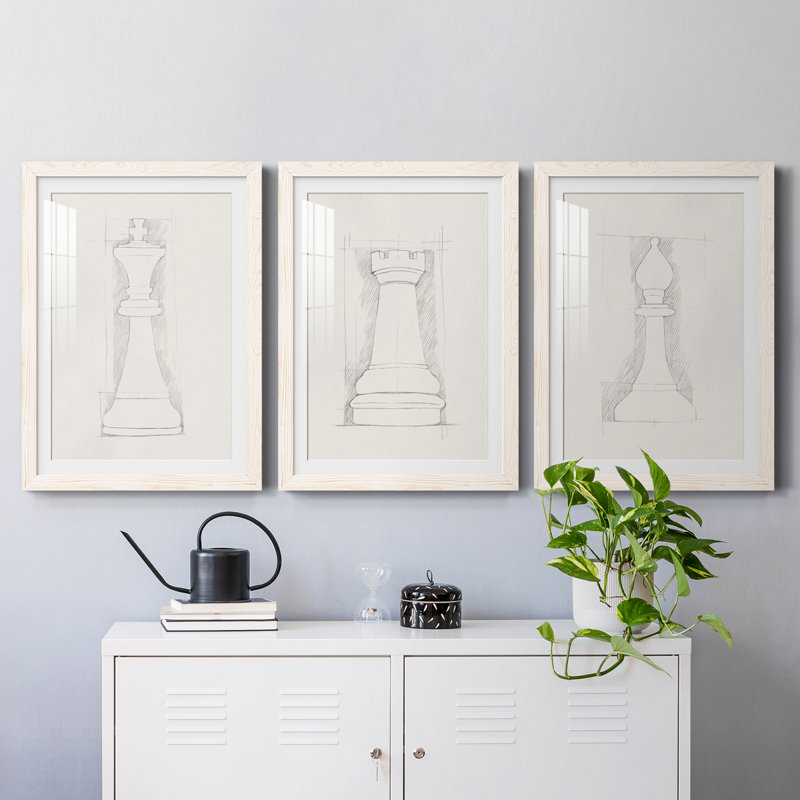 Jeu d'échecs - croquis II - ensemble de 3 cadres photo, Blanc, H 31,5 po x l 47 po x P 1,5 po