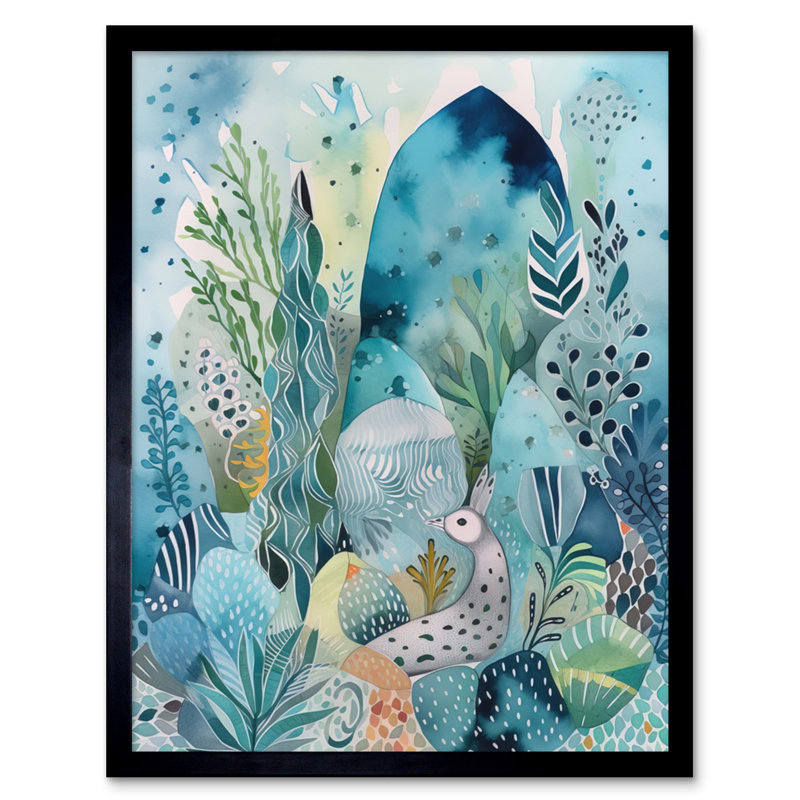 Coastal Plants And Animals Folk Art Watercolour Painting Artwork Framed Wall Art Print 9X7 Inch