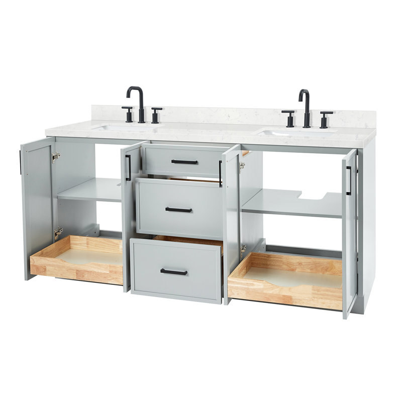 ARIEL Kelly 73 Double Sink Bathroom Vanity with Pure Quartz Top, Rectangular, Gray, Carrara White Quartz