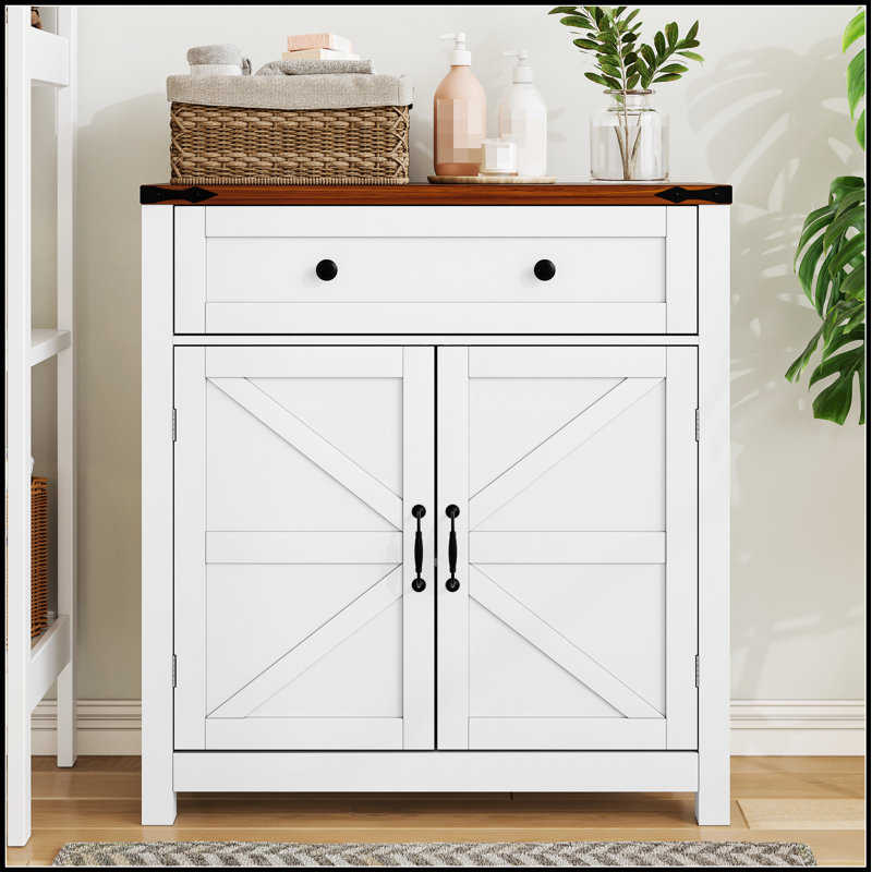 Farmhouse Storage Cabinet with Drawer and Adjustable Shelf, White Kitchen Cabinet with Walnut Countertop, Modern Coffee Bar Console for Multiple Rooms