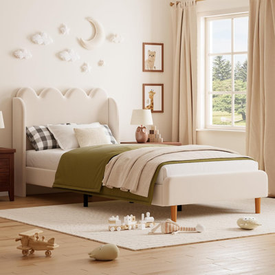 Structure de lit simple tapissier en velours avec rebords à oreilles et bords festonnés - Design minimaliste moderne, aucun sommier nécessaire, beige