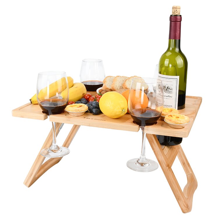 Bamboo Wine Picnic Table, Ideal Wine Lover Gift, Large Folding Portable Outdoor Snack & Cheese Tray for Concerts at Park, Beach