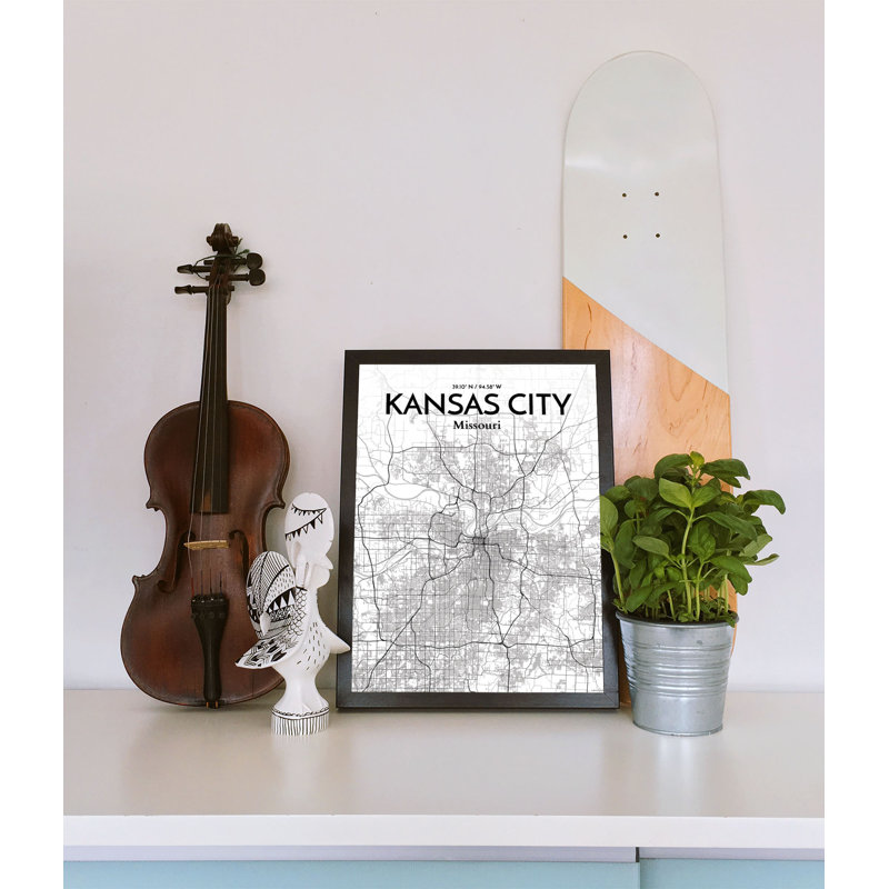 « Kansas City Map », impression d’art graphique en blanc/gris, H 17 po x l 11 po