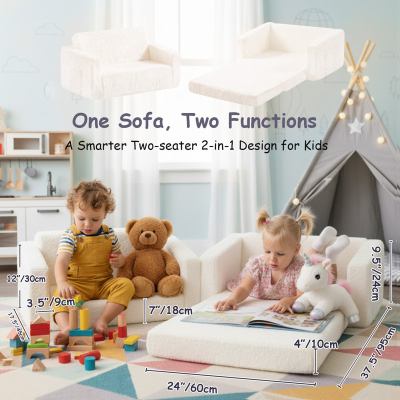Kids Sofa, Extra Wide 2 In 1 Kids Fold Out Chair Convertible Sofa To Lounger, Beige