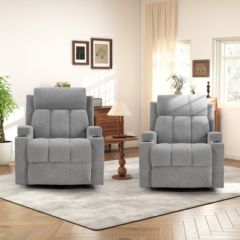 33" Wide Massage Swivel Glider Recliner With Heat & Cup Holders(Set Of 2), Light Gray