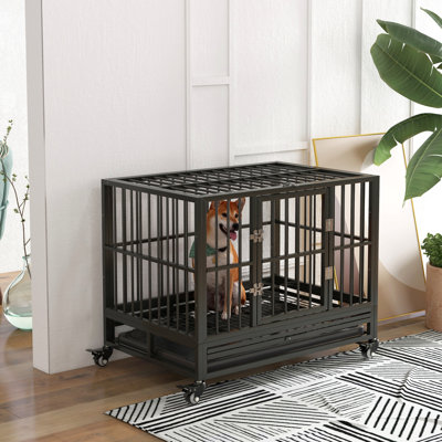 Cage pour chien 37 po en métal robuste avec roues verrouillables, porte double et plateau amovible, gris