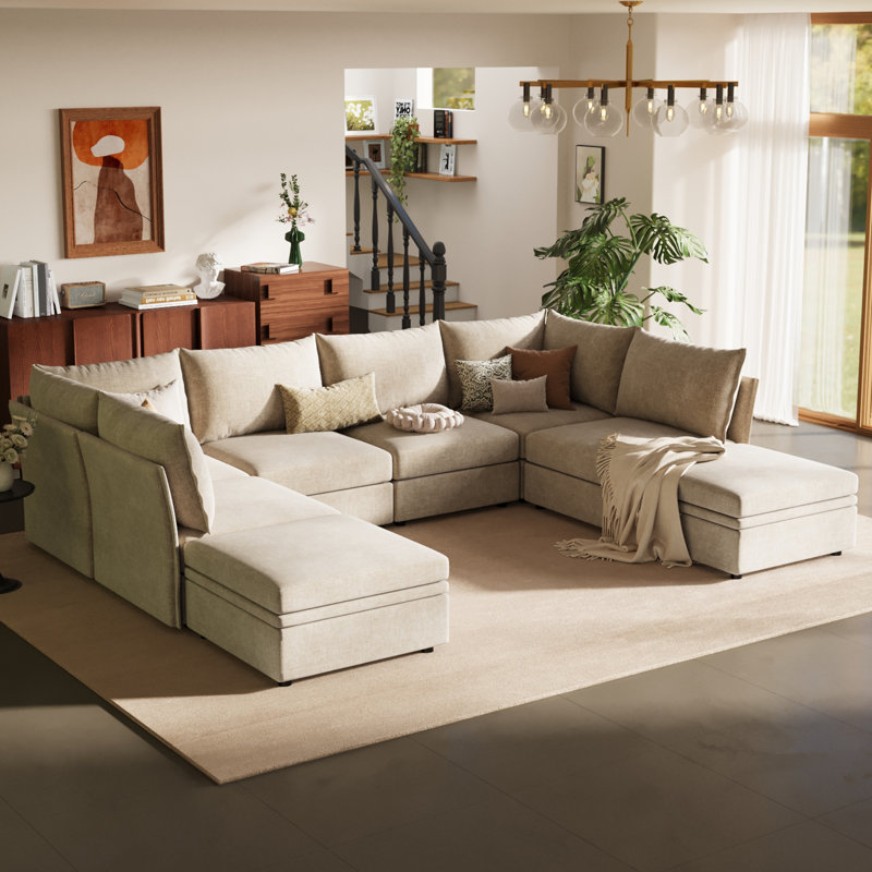 Canapé modulaire en forme de U de 135,5 po avec repose-pieds mobile en coin et 8 places pour un salon confortable, chenille beige