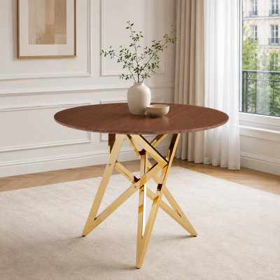 37-Inch Modern Round Dining Table, Small Kitchen Table For 2-4 People, Brown/Walnut Finish With Golden Metal Legs | Gift Idea