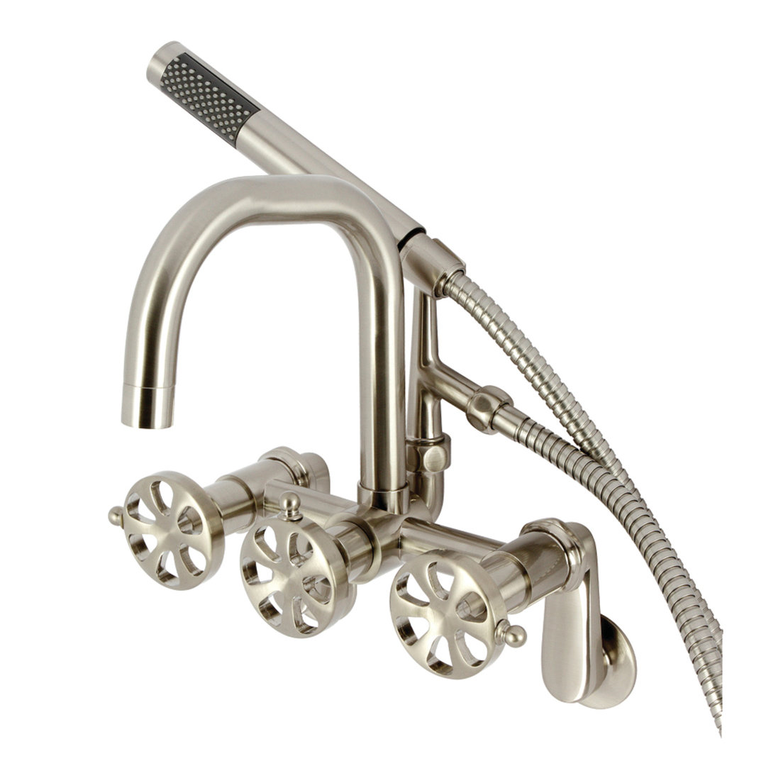 Kingston Brass Belknap Three-Handle 2-Hole Wall Mount Clawfoot Tub Faucet with Hand Shower Kingston Brass 