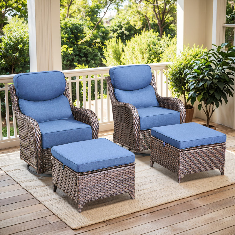 Ensemble de conversation en osier / rotin pour 2 personnes avec repose-pieds Meriline, Bleu, Brun