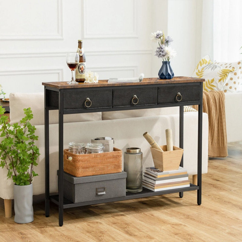 Console rustique brune avec trois tiroirs et tablette inférieure en métal, 39.37"W*9.84"D*31.5"H