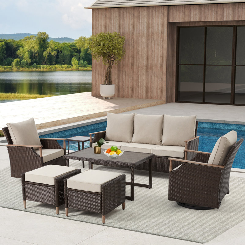 7-Piece Patio Furniture Set with Swivel Chair, Beige