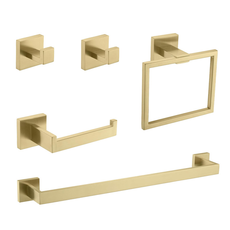 5-Piece SUS304 Bathroom Set: Towel Bar + Ring + Hooks + TP Holder, Brushed Finish, Gold