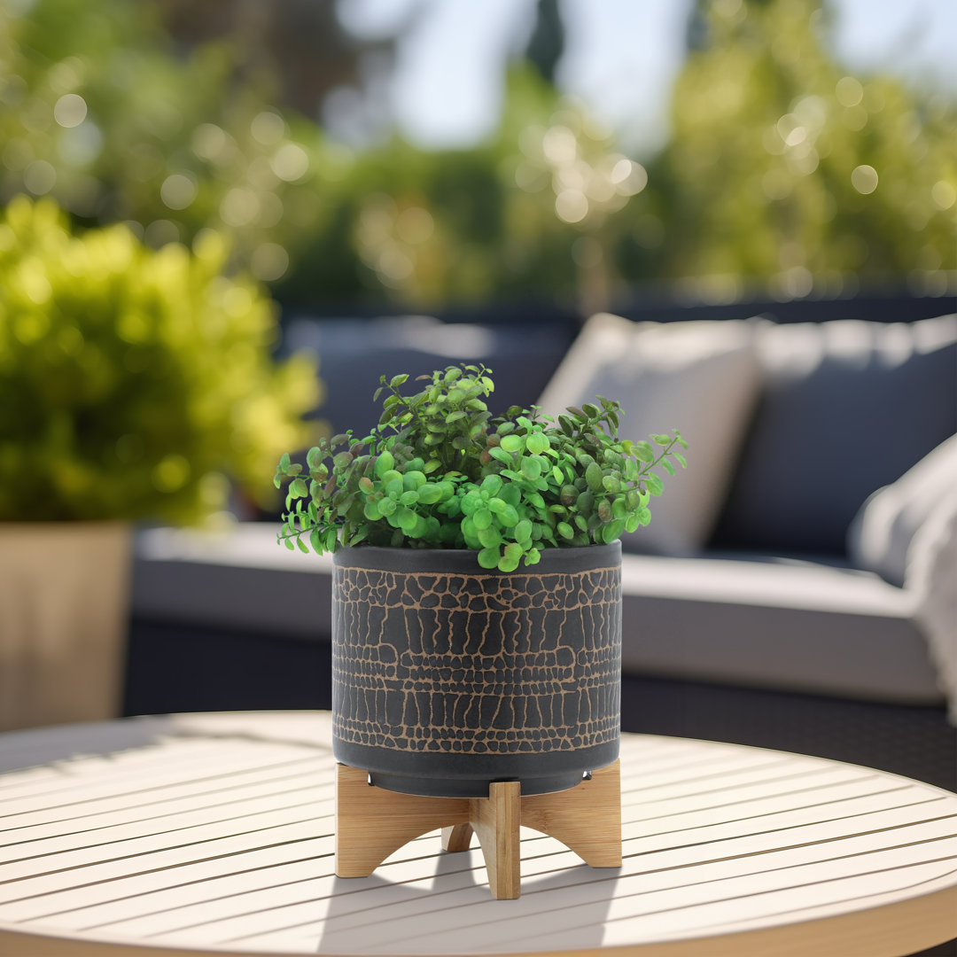 Jordahl Ceramic Planter with Bamboo Stand - Decorative Indoor and Outdoor Plant Pot with Modern Textured Design - Stylish Home and Garden Accent for Flowers, Succulents, or Herbs Dakota Fields