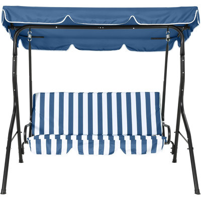 Outdoor Porch Swing Chair with Adjustable Canopy & Striped Seat Cushion for Adults 3-Seat Patio Glider Bench with Thick Cushions Steel Frame Outdoor Swing Chair for Backyard Lawn Garden