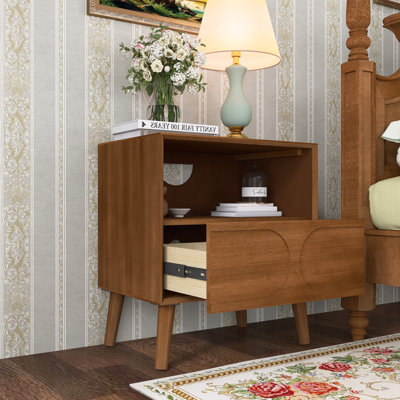 Mid Century Nightstand with Charging Station & Fluted Design - USB Ports, Outlet & Solid Wood Legs