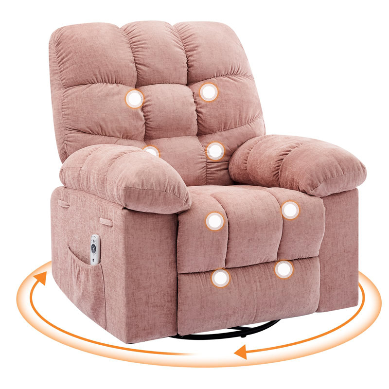 35.4" Wide Oversized Manual Recliner with Massage and Heat, Swivel Rocking Chairs with Side Pocket, Pink