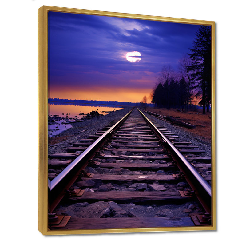 «Purple Train Traces To The Full Moon - Train», art mural, Cadre flottant doré, H 40 po x l 30 po x P 1,5 po