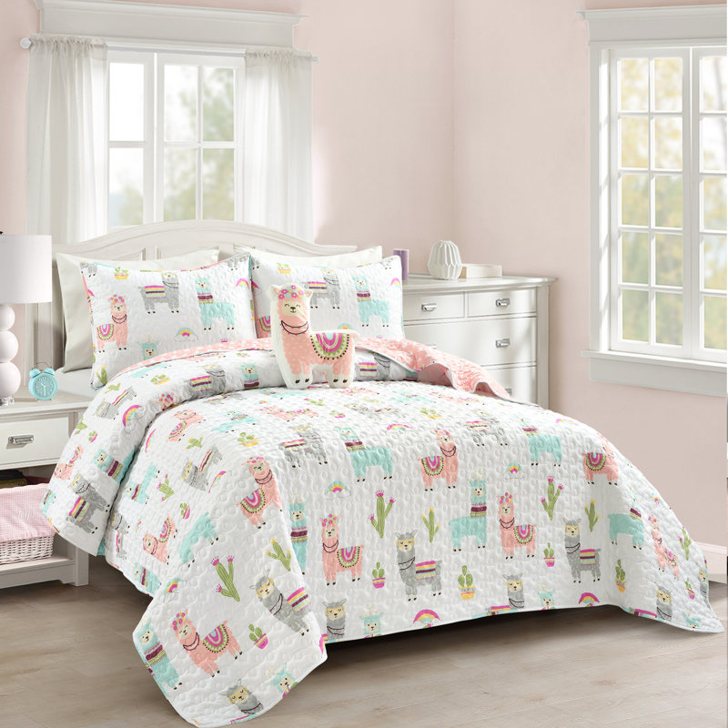 Ensemble de courtepointe réversible Southwest Llama Cactus, Blanc / rosé, Courtepointe pour lit simple + 1 taie décorative