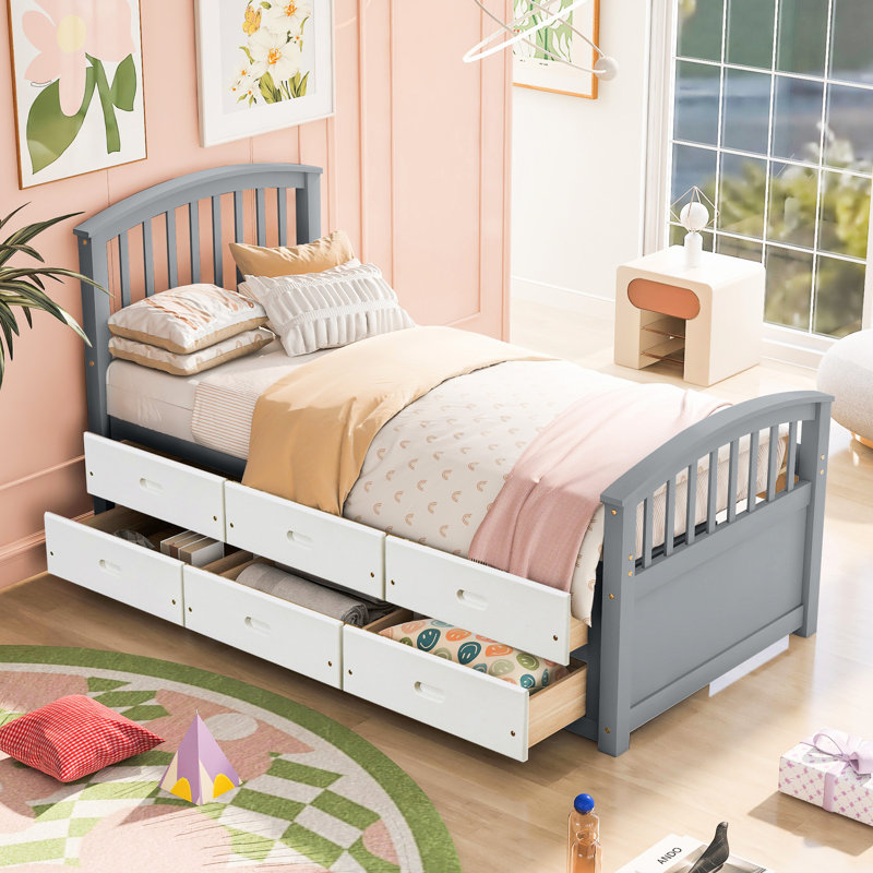 Gris et blanc, structure de lit simple, bois massif, 6 tiroirs, capacité de 200 lb, lit de support de matelas, pin, décor moderne