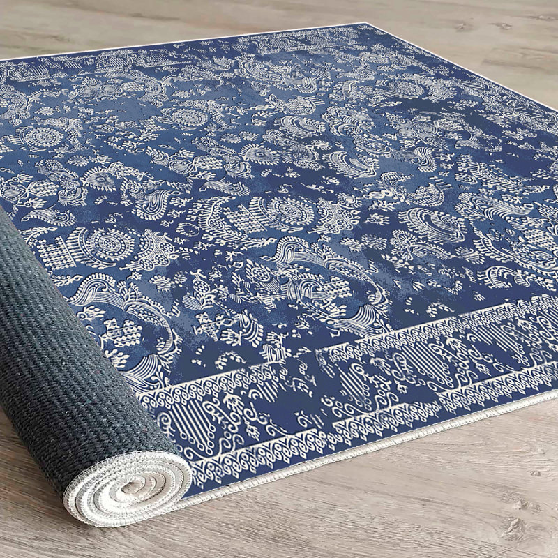 Luxurious Cotton Area Rug, 2.6 x 11.5 Feet | 100% Cotton, 1200 g/m², Pile Height: 0.4 in, Total Thickness: 0.3 in | Antibacterial, Non-Slip PVC Underside, Machine Washable | Elegant White & Navy Blue Design for Home Décor