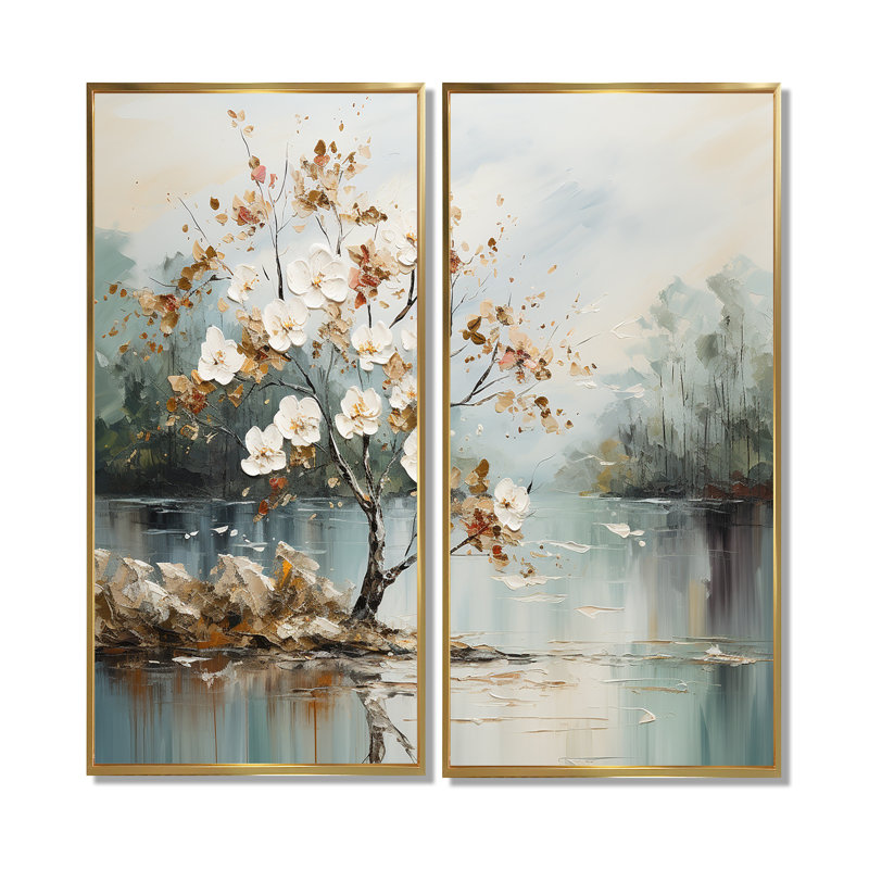 Art japonais sur toile, "Japanese River Forest", 40" H x 40" W, Impression encadrée flottante, Gold
