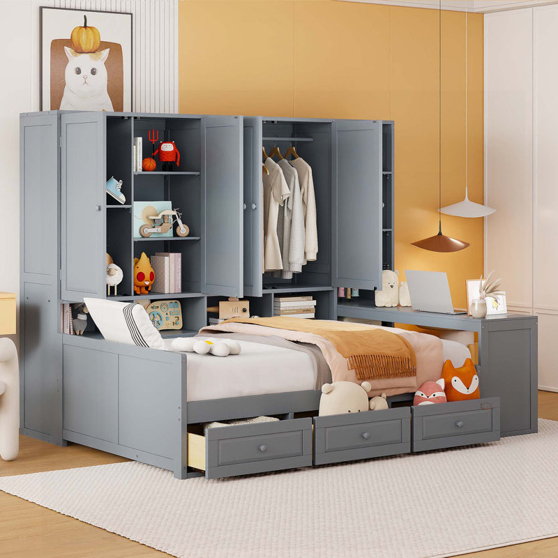 Lit de jour double en bois avec trois tiroirs, armoire intégrée, bureau et tablettes pour des espaces de vie multifonctionnels