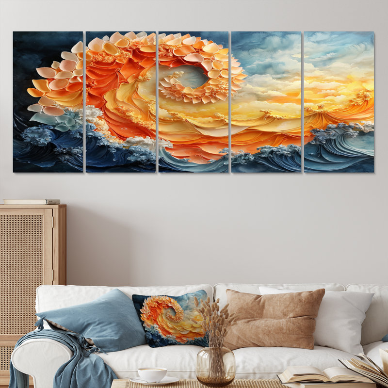 «Yellow and Orange Sunrise Abstract Waves II», ensemble d'art sur toile à spirales abstraites, H 32 po x l 80 po