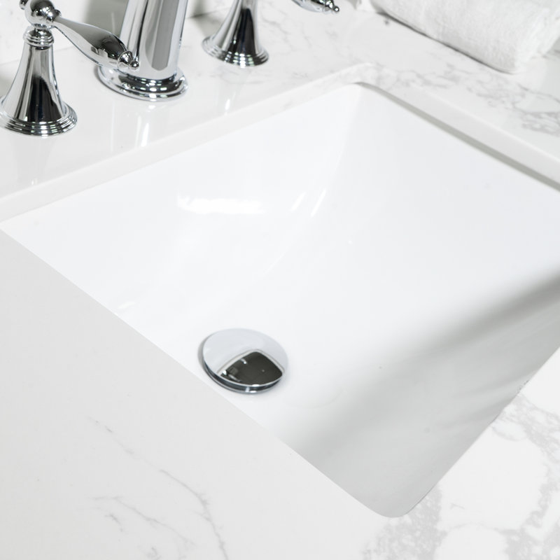Dessus de meuble-lavabo en pierre de 43 po x 22 po avec marbre blanc - Pierre d'ingénierie, lavabo en céramique et dosseret avec style encastré