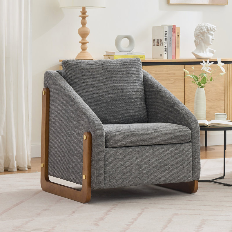 Fauteuil en chenille rembourré de mousse avec structure latérale en bois pour le salon - coussin gris, Gris