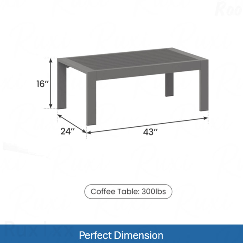 Table basse d'extérieur en métal toutes saisons 43 po x 24 po avec plateau d'aspect bois et cadre gris, Gris