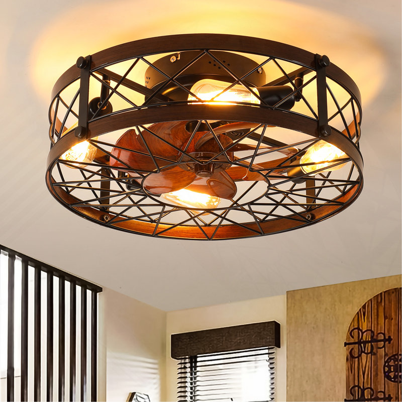 20" Black Caged Flush Mount Ceiling Fan with Light, Farmhouse Reversible Small Ceiling Fan for Bedroom