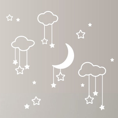 Décalcomanie murale étoiles et nuages lune, H 22 po x l 24 po x P 0,01 po, Blanc
