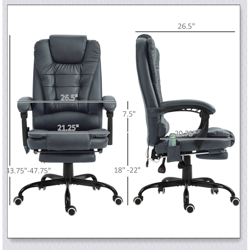 Chaise de bureau avec structure en métal, similicuir, pivotant, soutien lombaire, massage, hauteur réglable, Bleu