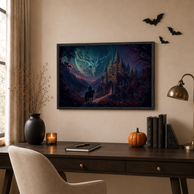Art mural sur toile, "Dark gothic Castle Under Skull Moon with Rider" sur Halloween, H 18 po x l 24 po