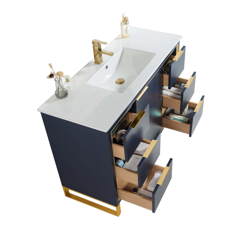 48" Single Bathroom Vanity Set, Satin Brass, Navy Blue