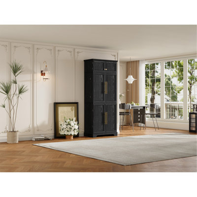 Armoire de cuisine de campagne de 78,2 po de hauteur avec 8 tablettes de porte, armoire de rangement avec 4 tablettes réglables, tiroir caché, support à vin, armoire polyvalente pour la cuisine, la salle à manger et la salle de bain, noir cendré