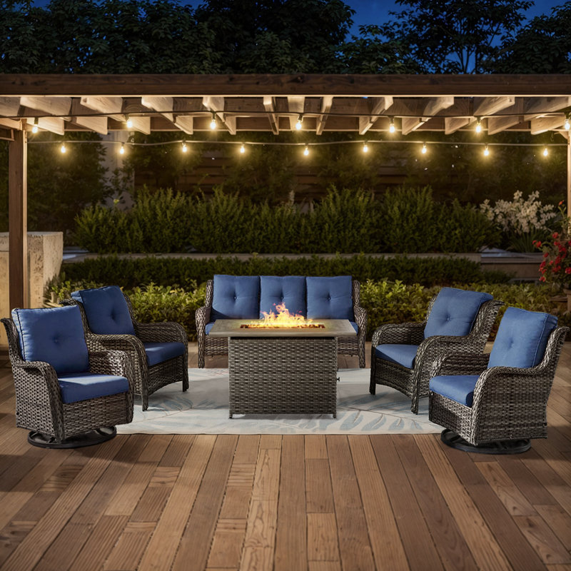Ensemble de conversation pour patio en osier avec foyer d'extérieur et coussins 6 pièces Deb, Gris