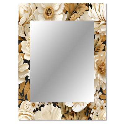 Yovan Beige Boho Chic Poppy Blooms - Floral Large Mirror, Floral Decorative Wall Mirror, Printed Metal Art