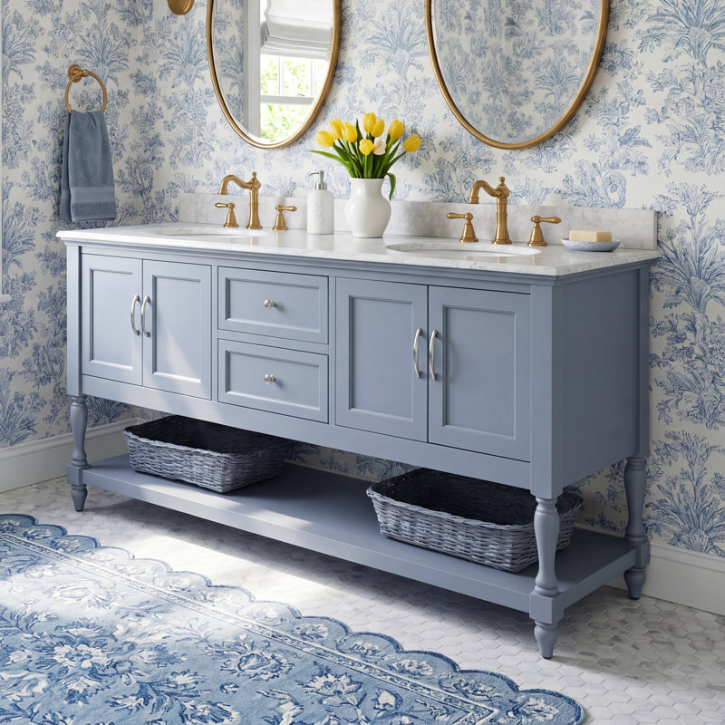 Hampton 72'' Double Bathroom Vanity with Top, Powder Blue, Carrara Marble