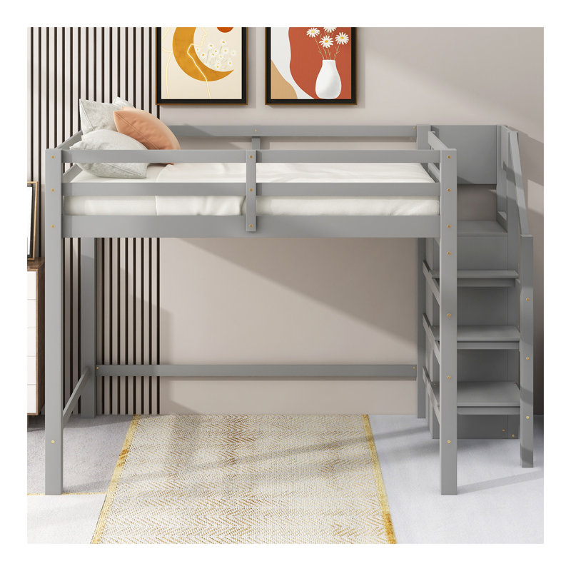 Lit mezzanine double avec garde-robe et escalier de rangement intégrés, gris
