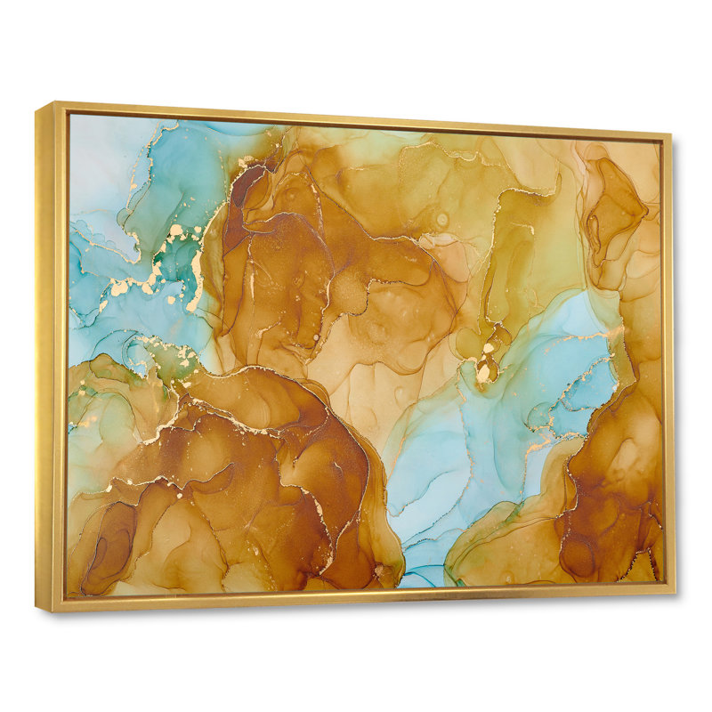 «Brown Luxury Abstract Fluid», peinture sur toile, H 34 po x l 44 po x P 1,5 po, Cadre flottant doré