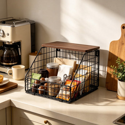 P lastic Pencil C ase Wall Mount  Storage Basket With Wooden Top Slant Front Metal Organizer Bin For Kitchen Pantry Bathroom Cabinet