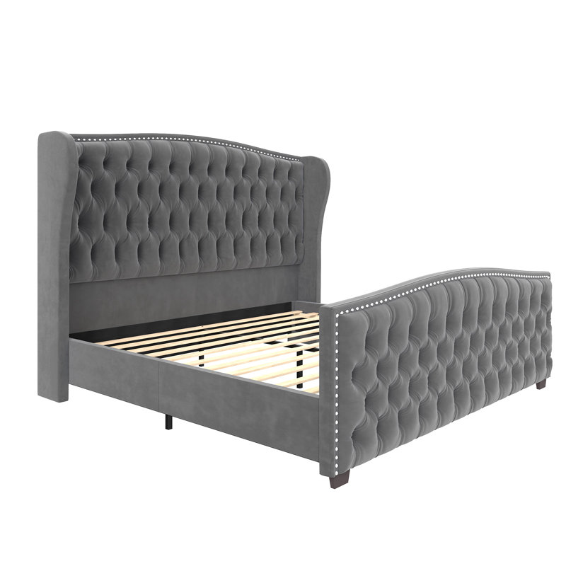 Très grand lit tapissier capitonné DuJuan, Très grand, gris