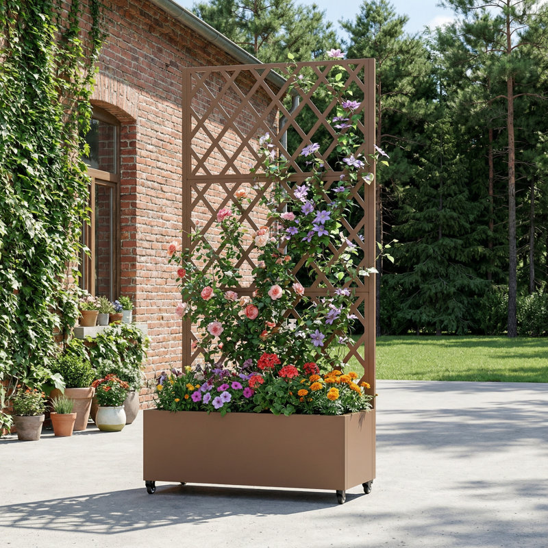 73"H×35"W Metal Planter Box with Trellis with Wheels, 73" H x 35" W x 16" D, Brown