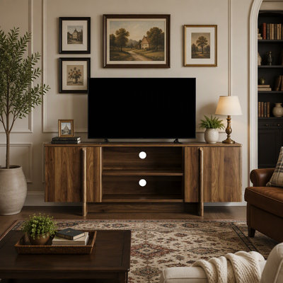 55-Inch Mid-Century Modern Farmhouse TV Stand & Living Room Storage Cabinet – Entertainment Center with Cable Management, Double Doors, and Open Shelving (Fits TVs up to 48 Inches) – Walnut Finish